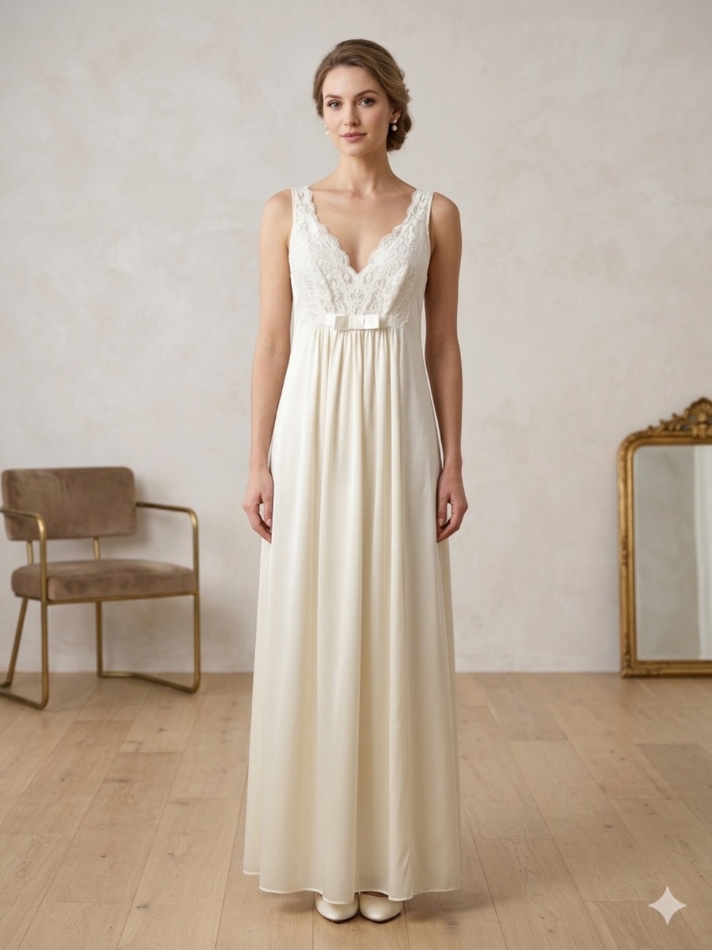 Ivory Lace-Bodice Long Nightgown with Bow Detail